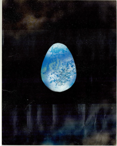 "Space Egg" poster by Terry Walker, made with spray paint cans on white poster